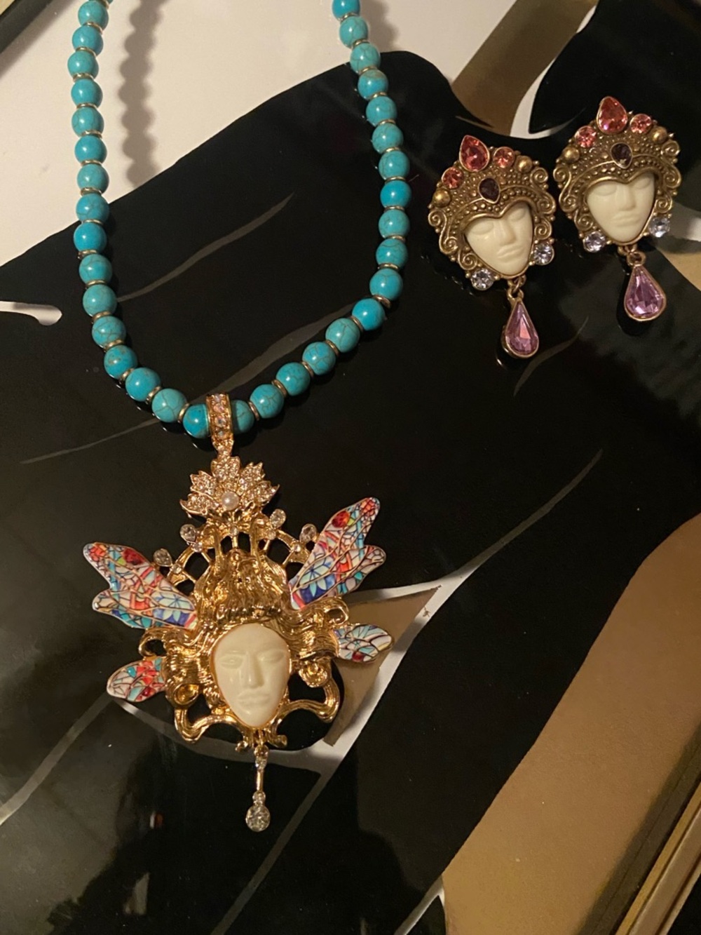Vintage Kirks Folly Earrings&Turquoise Beaded Necklace w/ Gold Embellished Face